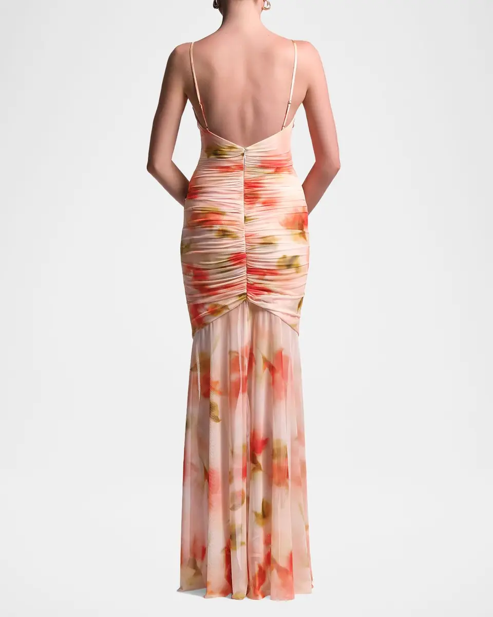BCBGMAXAZRIA Soraya Ruched Floral-Print Mesh Gown | Thumbnail 3