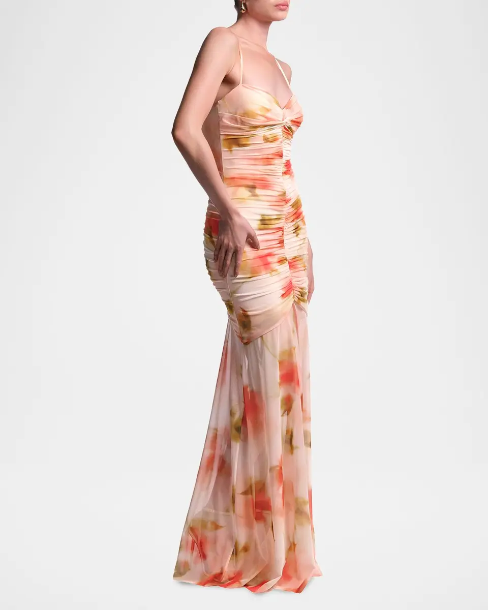 BCBGMAXAZRIA Soraya Ruched Floral-Print Mesh Gown | Thumbnail 4
