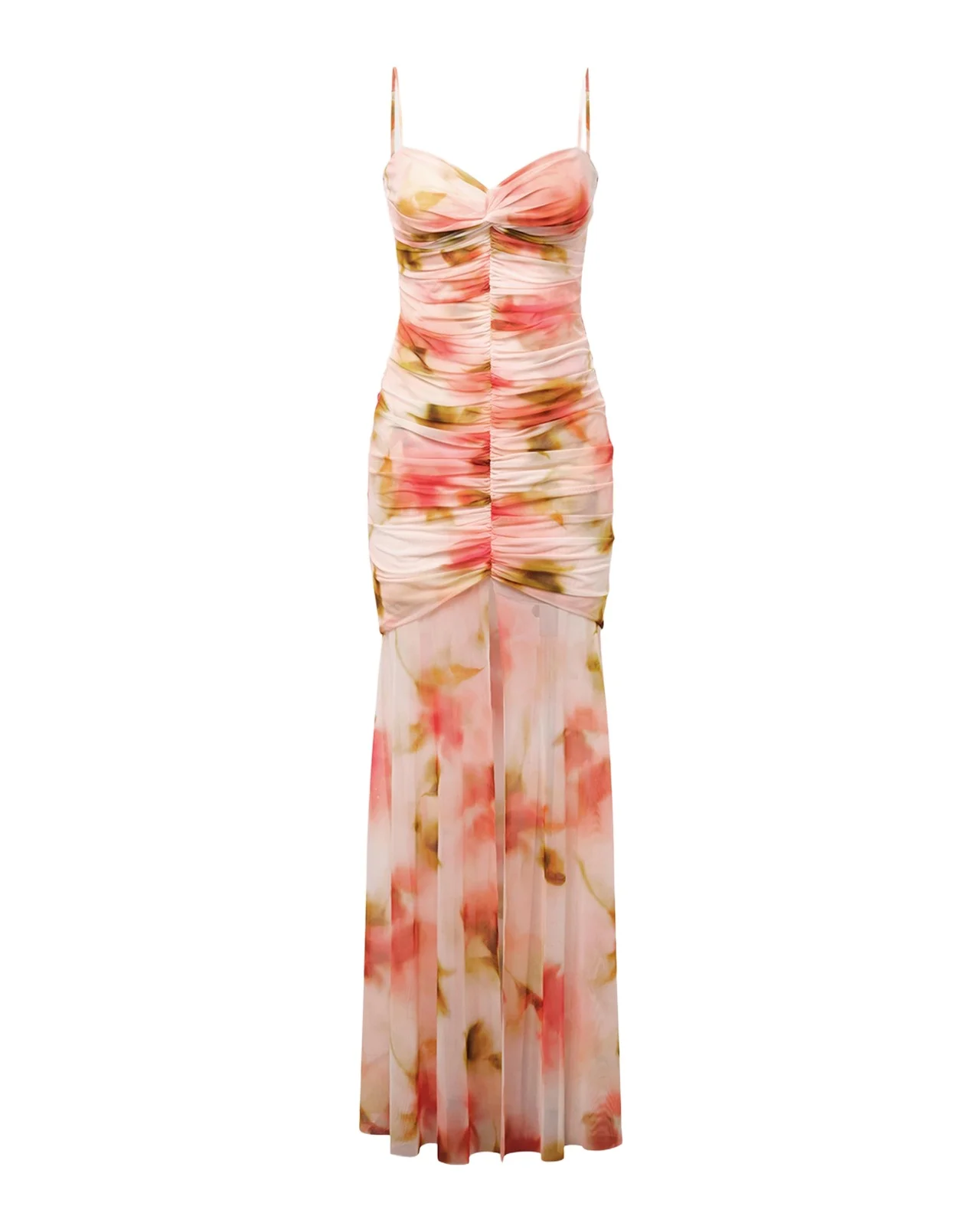BCBGMAXAZRIA Soraya Ruched Floral-Print Mesh Gown