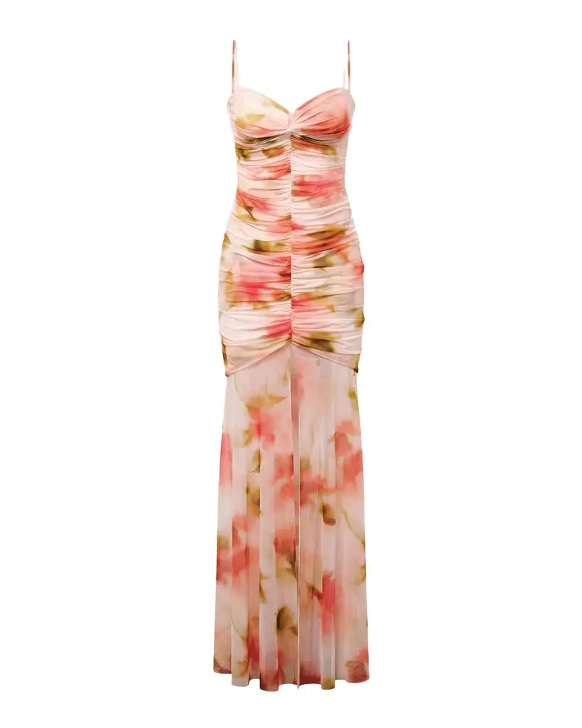 BCBGMAXAZRIA Soraya Ruched Floral-Print Mesh Gown | Image 1 BCBGMAXAZRIA Soraya Ruched Floral-Print Mesh Gown | Image 1