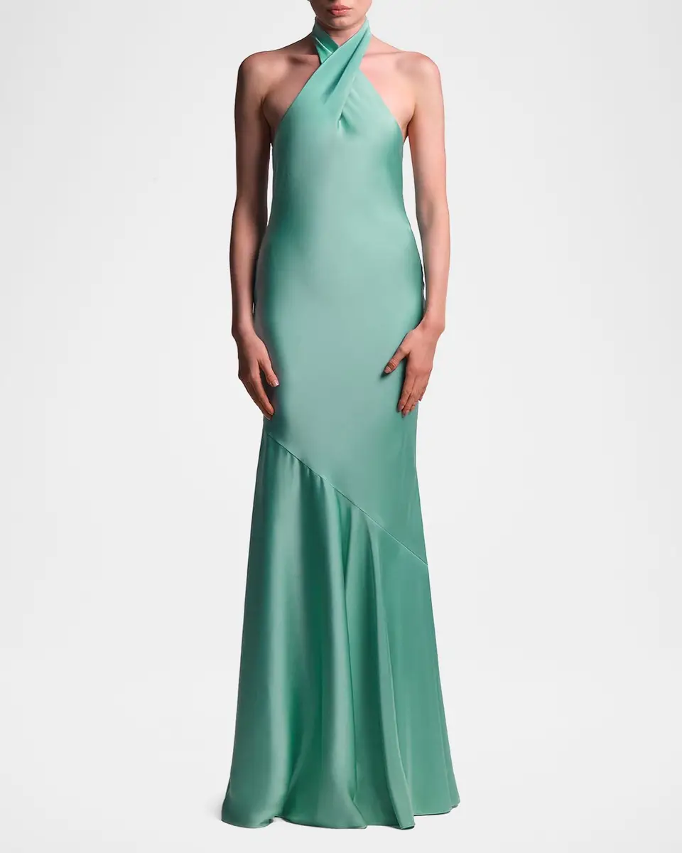BCBGMAXAZRIA Evelyn Charmeuse Crossover Halter Gown | Thumbnail 2