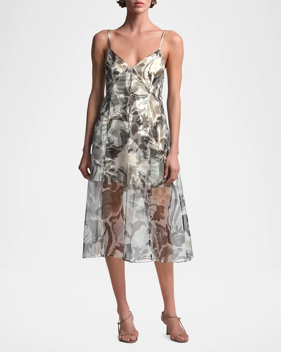 BCBGMAXAZRIA Lorelie Botanical-Print Organza Midi Dress | Thumbnail 2