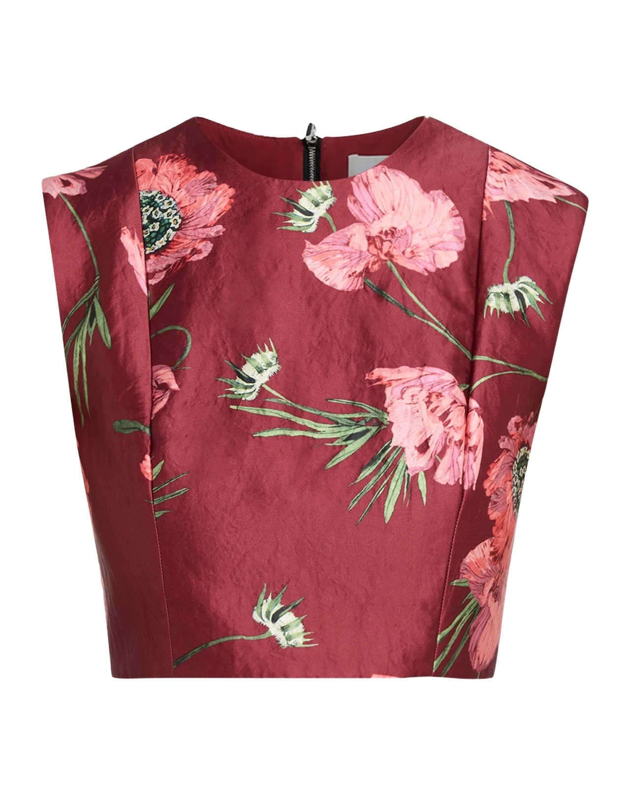 Floral Textured Satin Sleeveless Crop Top Floral Textured Satin Sleeveless Crop Top