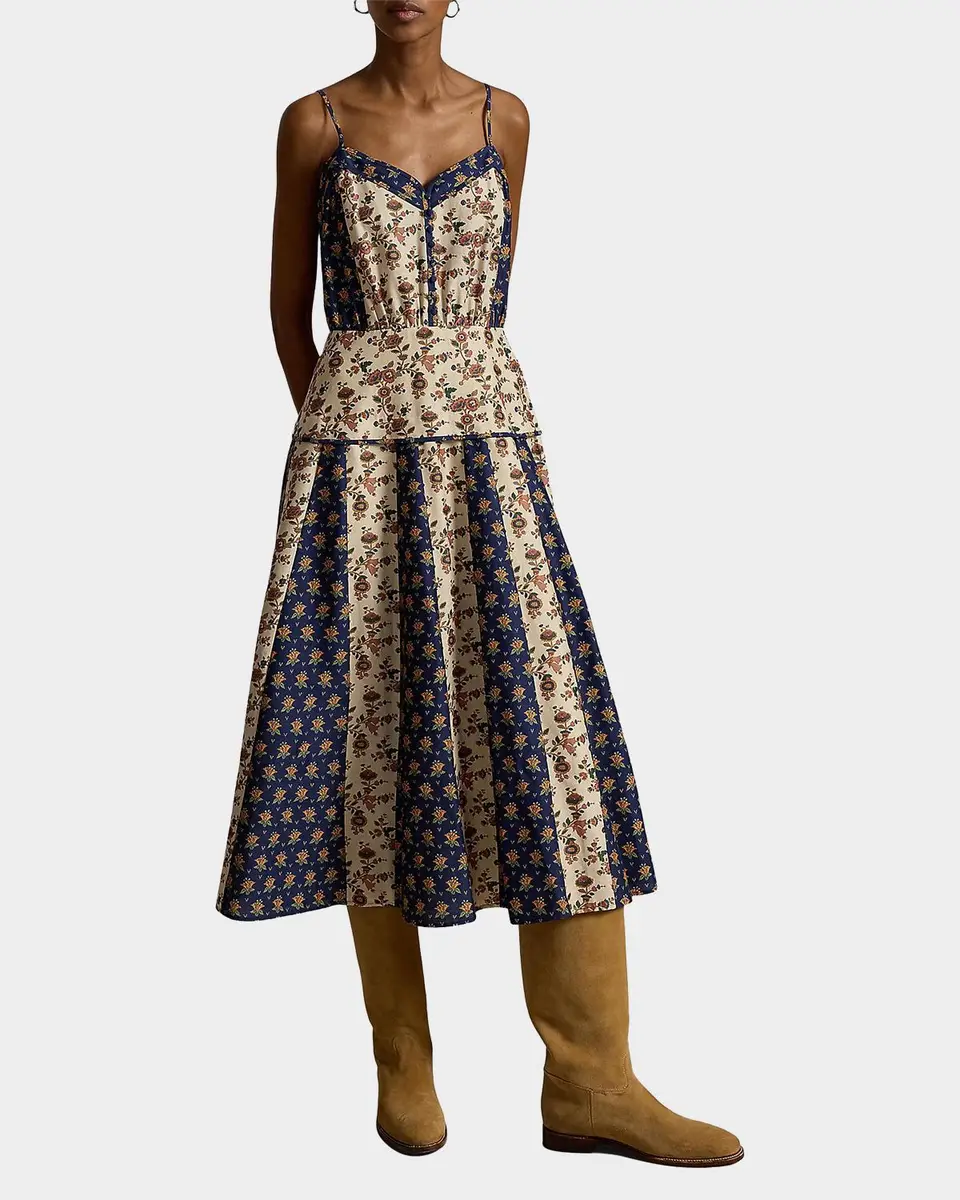 Polo Ralph Lauren Floral Cotton-Silk Paneled Midi Dress | Thumbnail 2 Polo Ralph Lauren Floral Cotton-Silk Paneled Midi Dress | Thumbnail 2