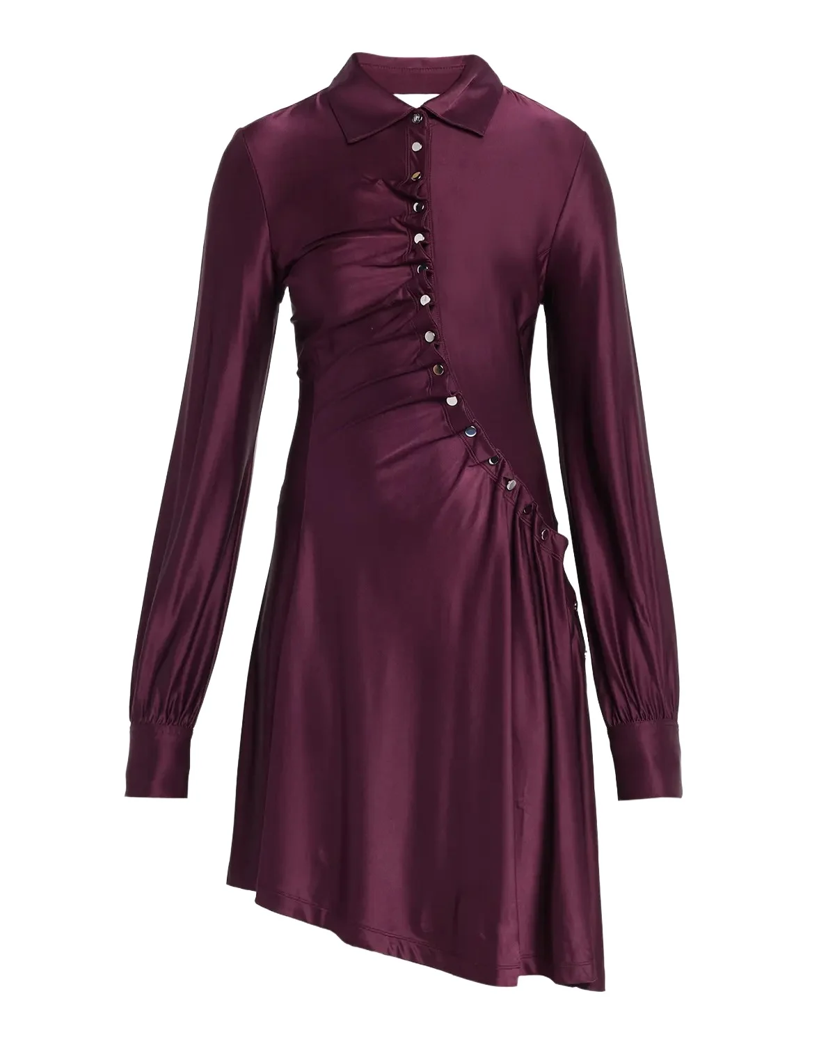 Asymmetric Gathered Button Long-Sleeve Shirtdress