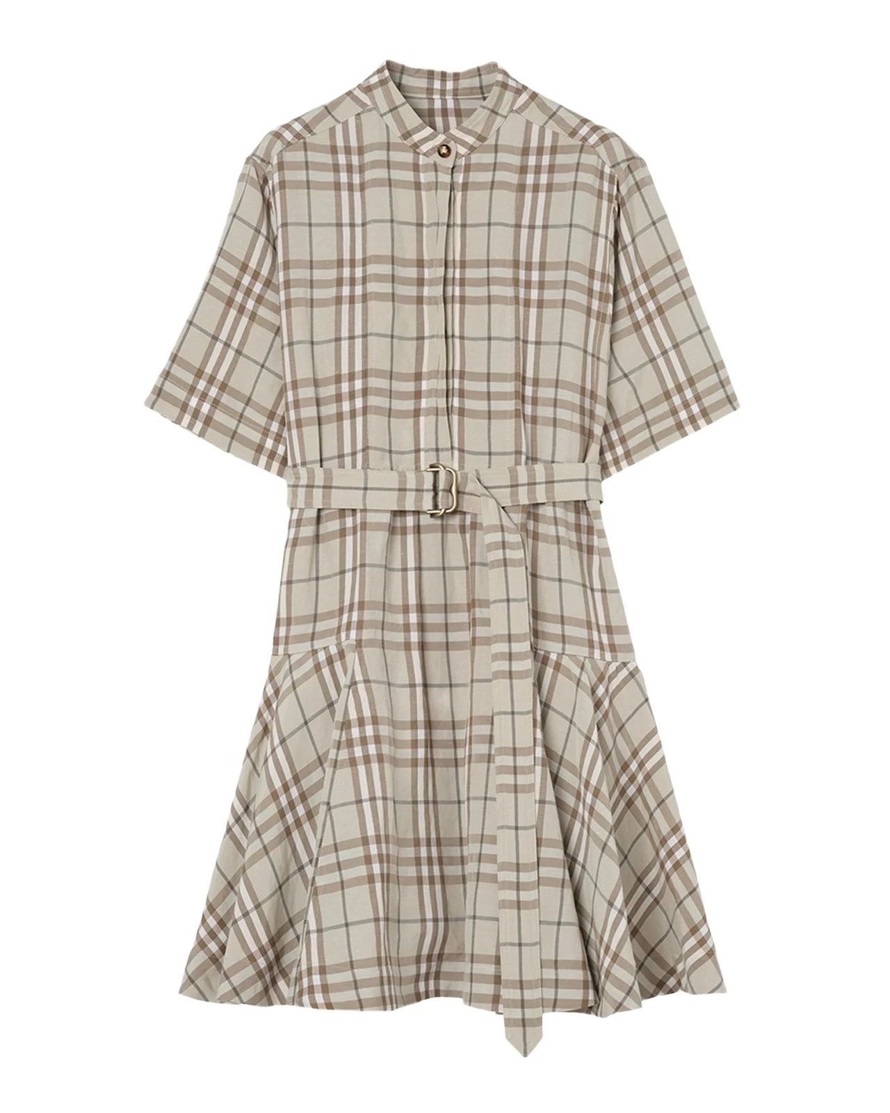 Short-Sleeve Check Linen-Blend Belted Mini Shirtdress