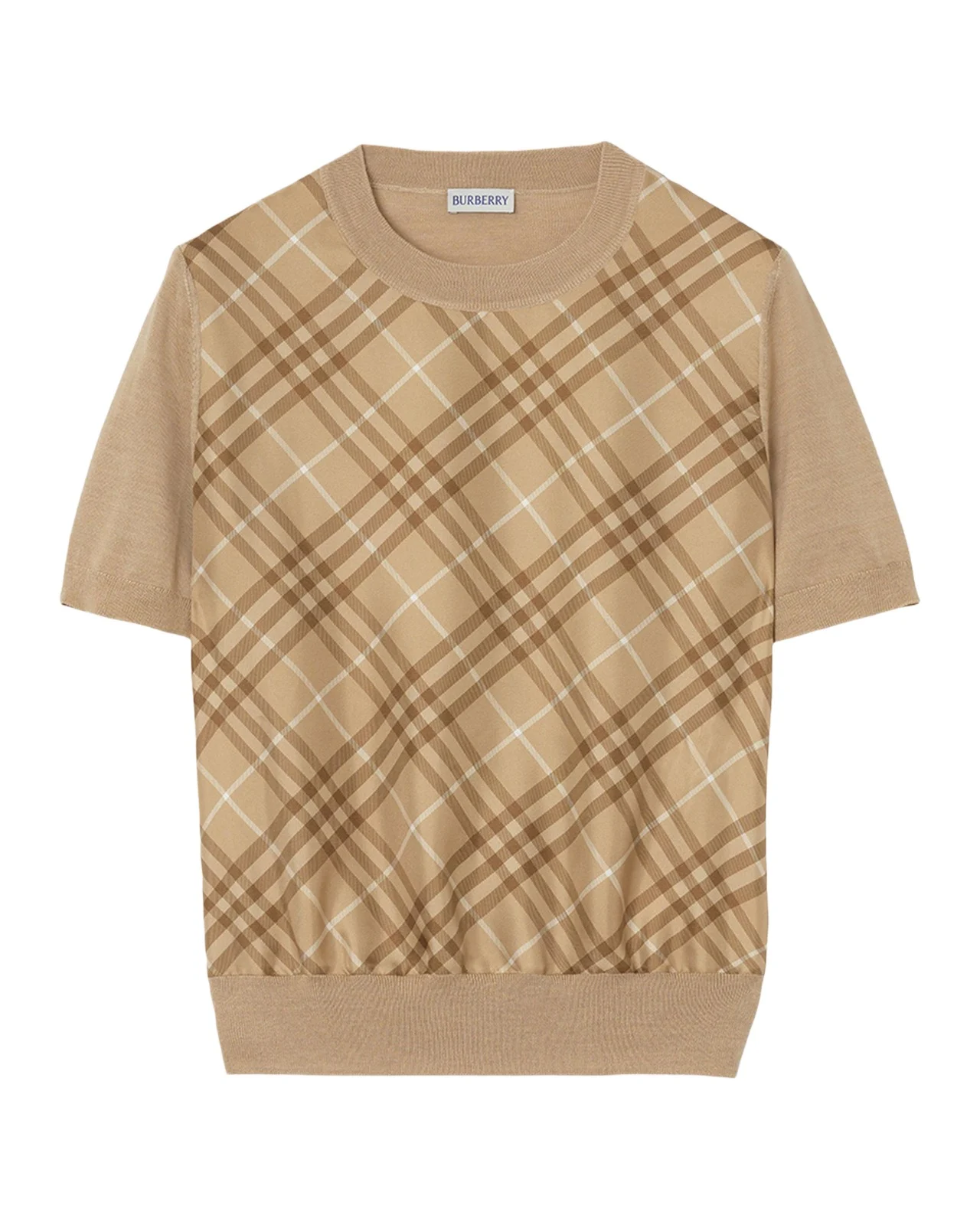 Short-Sleeve Check Silk Paneled Crewneck Sweater Short-Sleeve Check Silk Paneled Crewneck Sweater