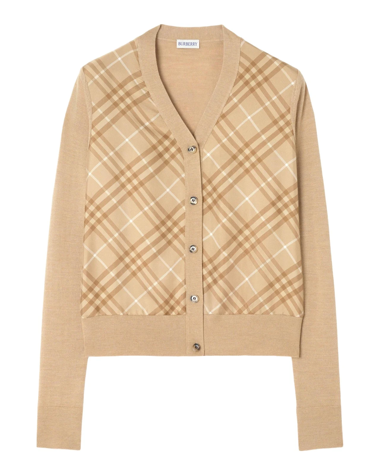 Check Silk Paneled Crewneck Cardigan Check Silk Paneled Crewneck Cardigan