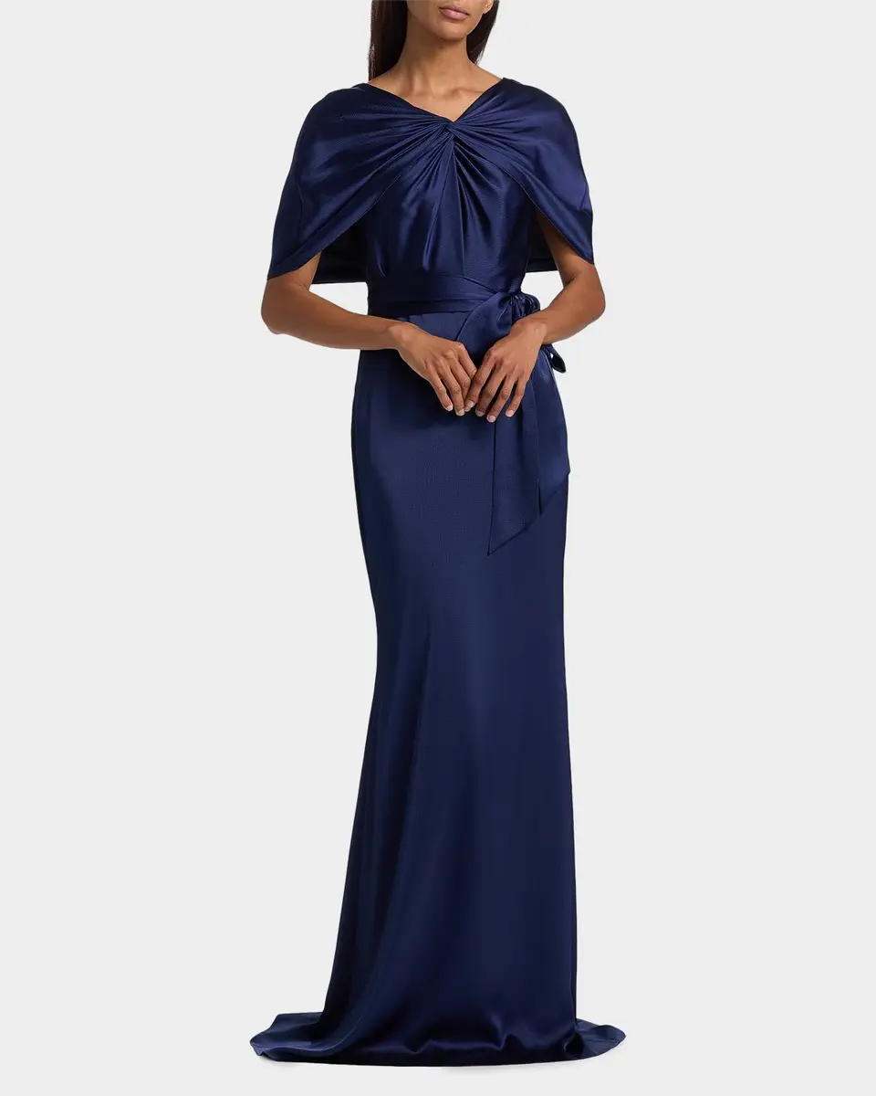 BADGLEY MISCHKA Hammered Satin Cape Sleeve Gown | Thumbnail 2