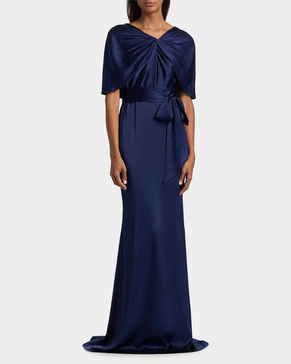 BADGLEY MISCHKA Hammered Satin Cape Sleeve Gown | Thumbnail 4
