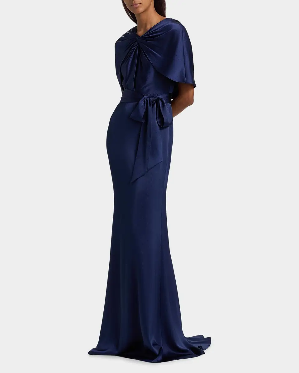 BADGLEY MISCHKA Hammered Satin Cape Sleeve Gown | Thumbnail 7