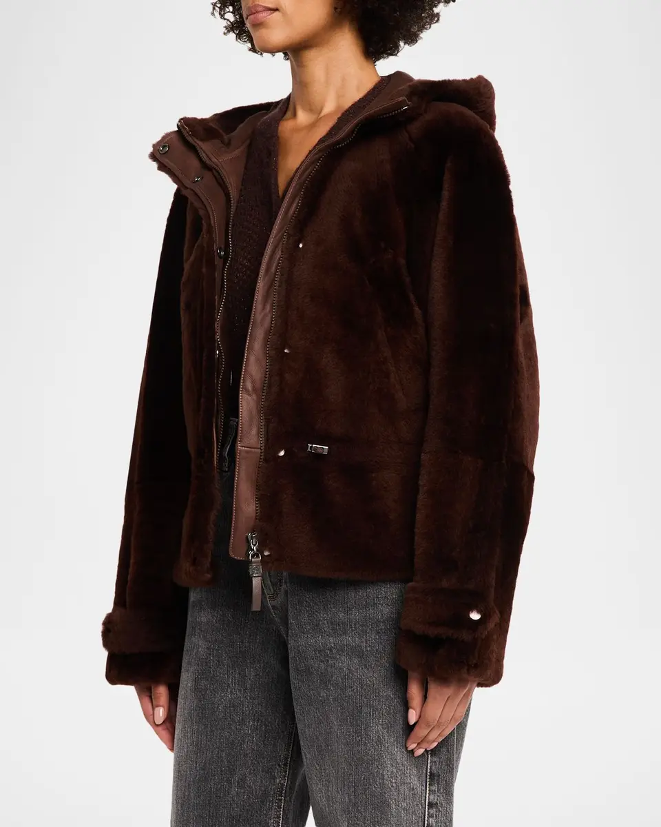 Brunello Cucinelli Lamb Shearling Zip Hooded Jacket | Thumbnail 4 Brunello Cucinelli Lamb Shearling Zip Hooded Jacket | Thumbnail 4