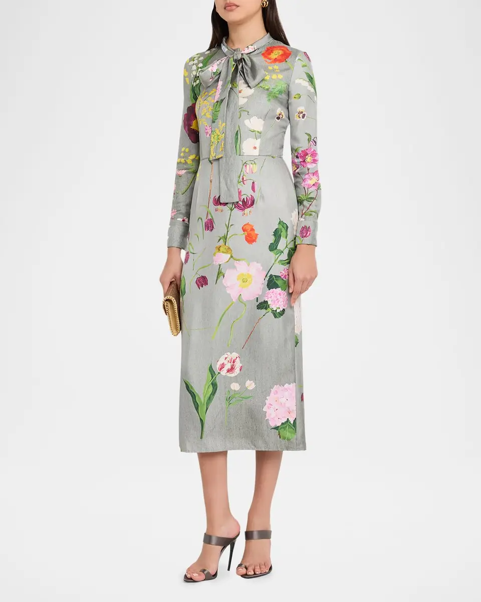 Oscar de la Renta Long-Sleeve Mixed Botanical Silk Scarf-Neck Midi Dress | Thumbnail 4 Oscar de la Renta Long-Sleeve Mixed Botanical Silk Scarf-Neck Midi Dress | Thumbnail 4