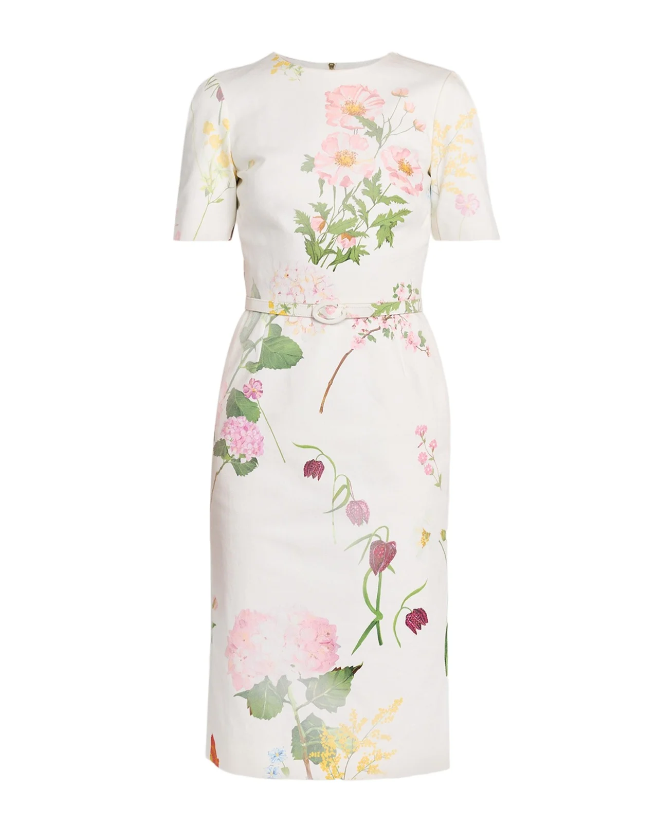 Oscar de la Renta Faded Botanical Short-Sleeve Midi Dress With Belt