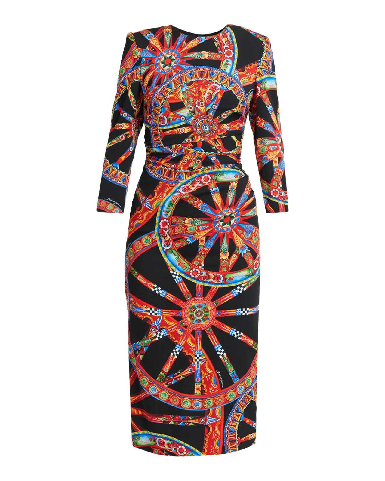 Carretto-Print Silk 3/4-Sleeve Midi Dress