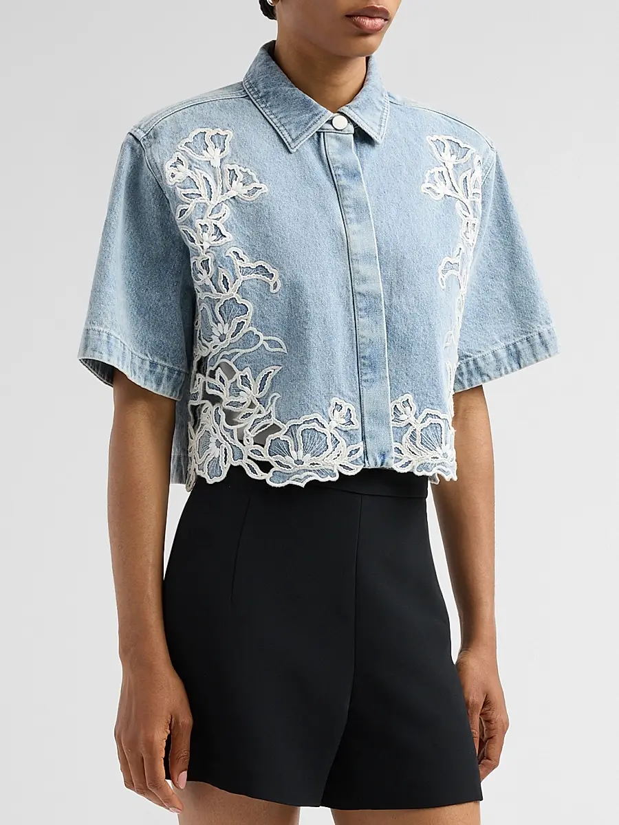 Simkhai Women's Albaine Floral-Embroidered Denim Shirt | Thumbnail 4 Simkhai Women's Albaine Floral-Embroidered Denim Shirt | Thumbnail 4
