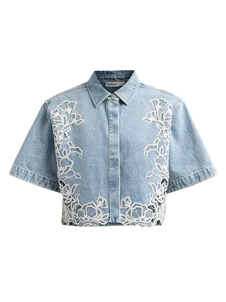 Simkhai Women's Albaine Floral-Embroidered Denim Shirt | Image 1 Simkhai Women's Albaine Floral-Embroidered Denim Shirt | Image 1