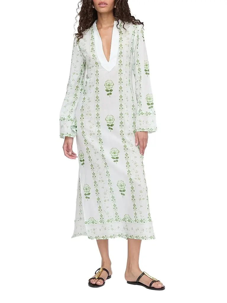 Hill House Home Women's The Sorina Maxi Tunic - White Green Arcadia Border | Image 1 Hill House Home Women's The Sorina Maxi Tunic - White Green Arcadia Border | Image 1