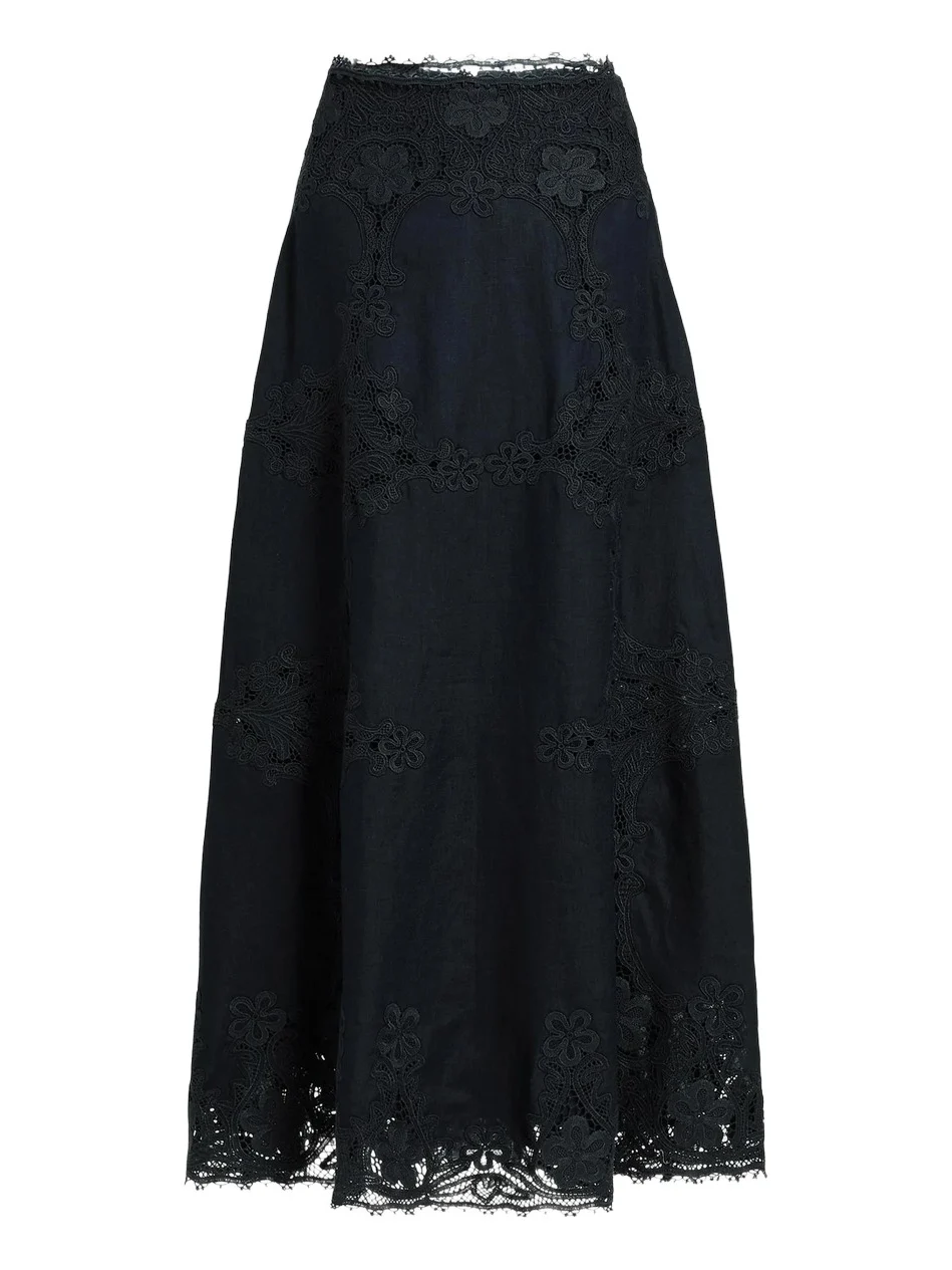Women's Fleur Embroidered Linen Midi Skirt