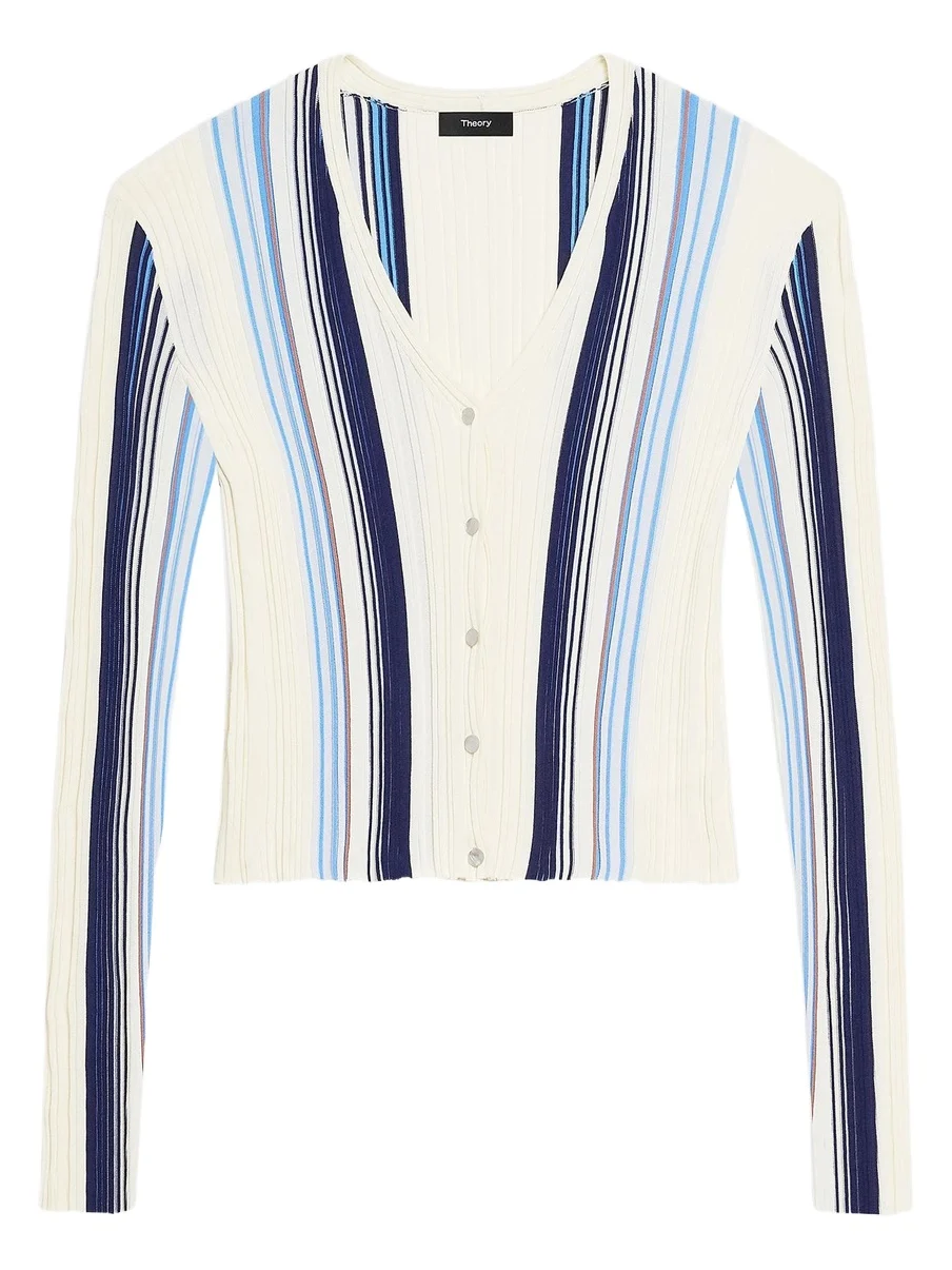 Women's Striped Cotton-Blend Ribbed Cardigan