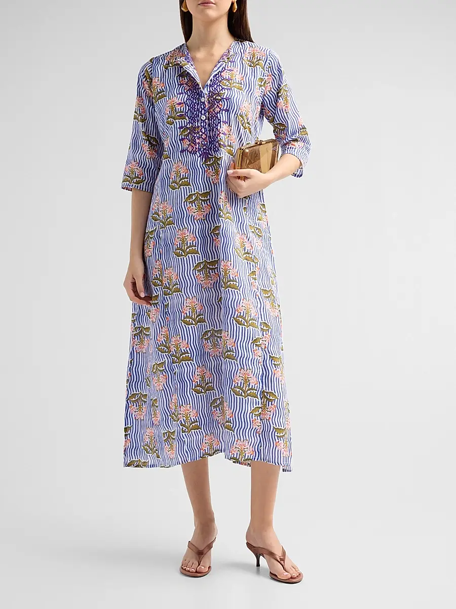 Ro's Garden Women's Kurta Floral Striped Cotton Midi Dress | Thumbnail 2 Ro's Garden Women's Kurta Floral Striped Cotton Midi Dress | Thumbnail 2