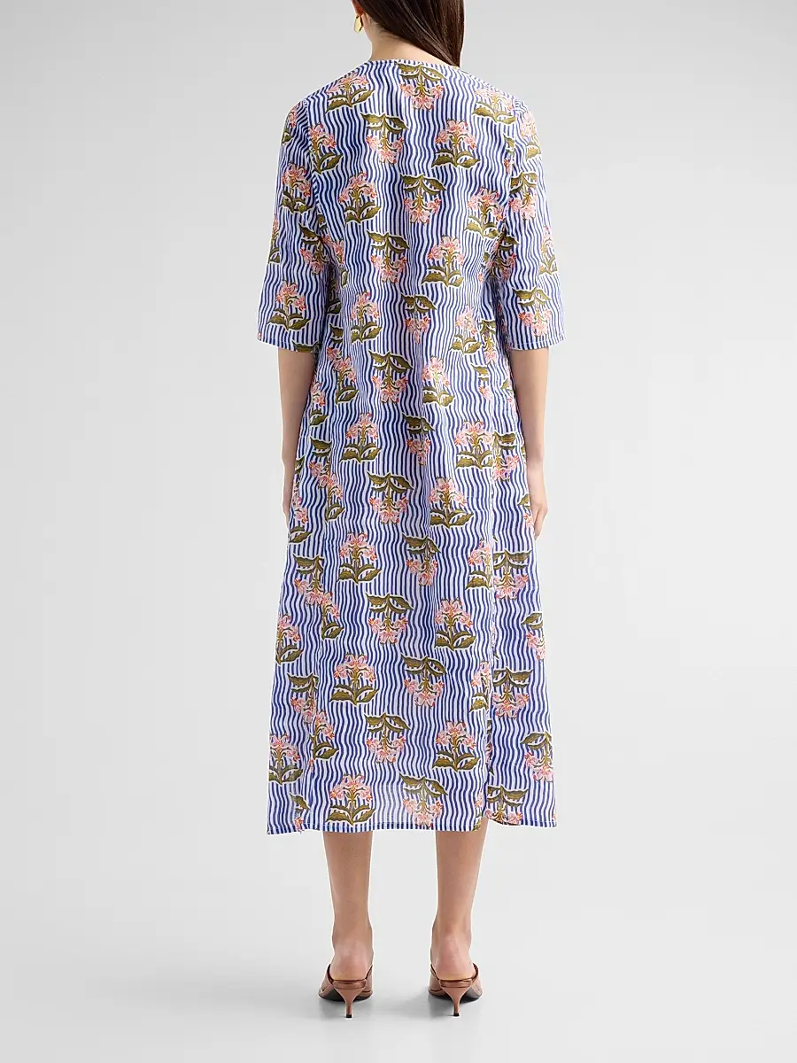 Ro's Garden Women's Kurta Floral Striped Cotton Midi Dress | Thumbnail 3 Ro's Garden Women's Kurta Floral Striped Cotton Midi Dress | Thumbnail 3