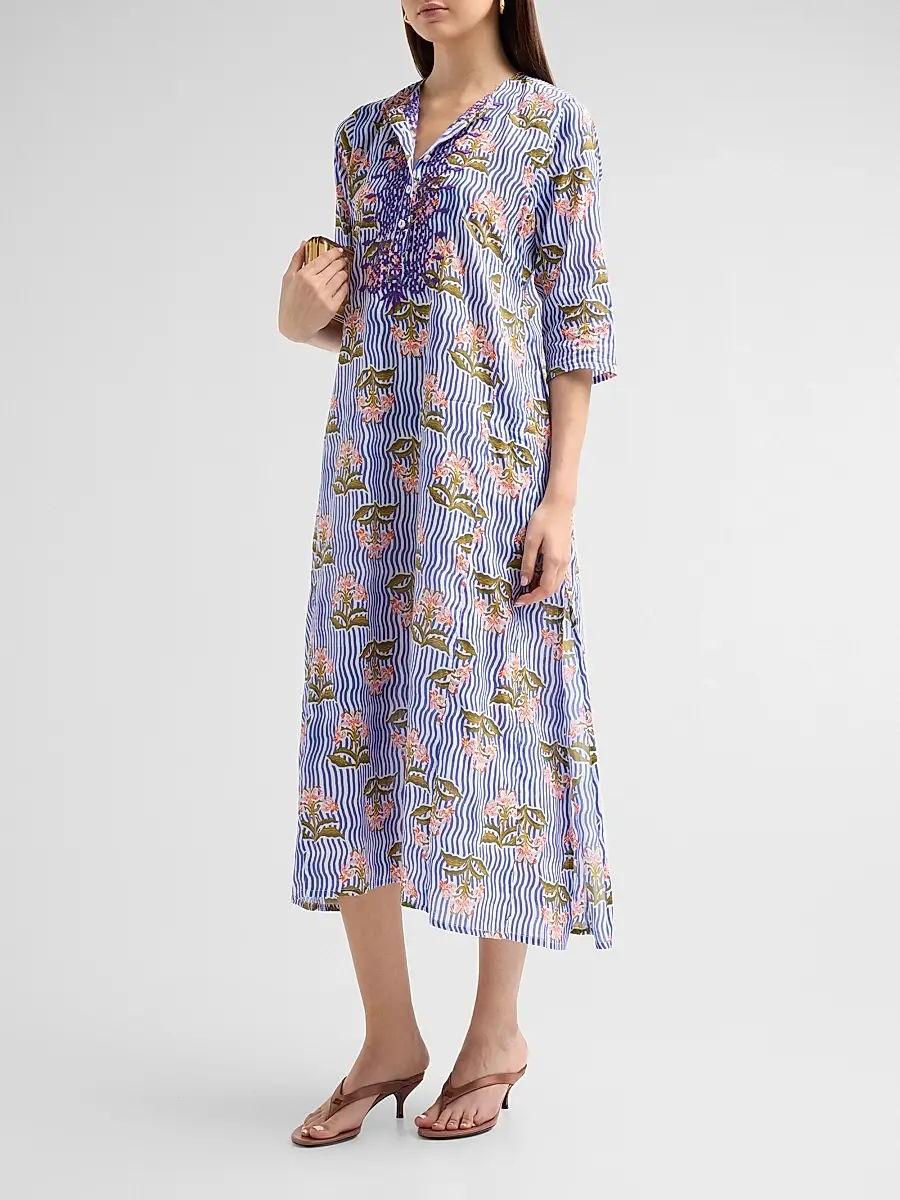 Ro's Garden Women's Kurta Floral Striped Cotton Midi Dress | Thumbnail 4 Ro's Garden Women's Kurta Floral Striped Cotton Midi Dress | Thumbnail 4