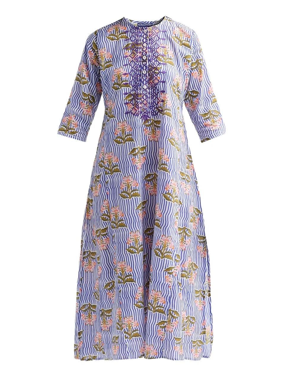 Ro's Garden Women's Kurta Floral Striped Cotton Midi Dress