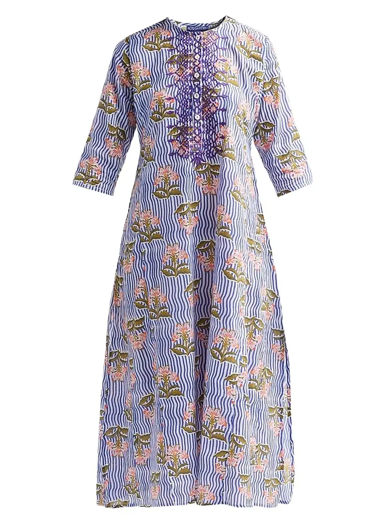 Ro's Garden Women's Kurta Floral Striped Cotton Midi Dress - Blue Moana - Size XS | Image 1 Ro's Garden Women's Kurta Floral Striped Cotton Midi Dress - Blue Moana - Size XS | Image 1