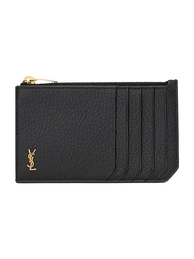 Saint Laurent Men's Tiny Cassandre Fragments Zip Card Case in Grained Leather - Black