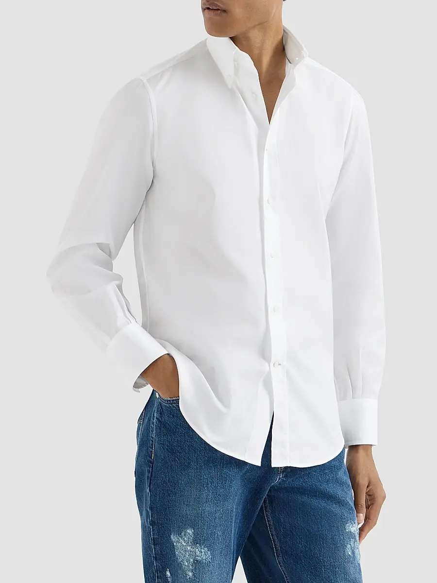 Brunello Cucinelli Men's Twill Shirt with Button-Down Collar - White | Thumbnail 2 Brunello Cucinelli Men's Twill Shirt with Button-Down Collar - White | Thumbnail 2