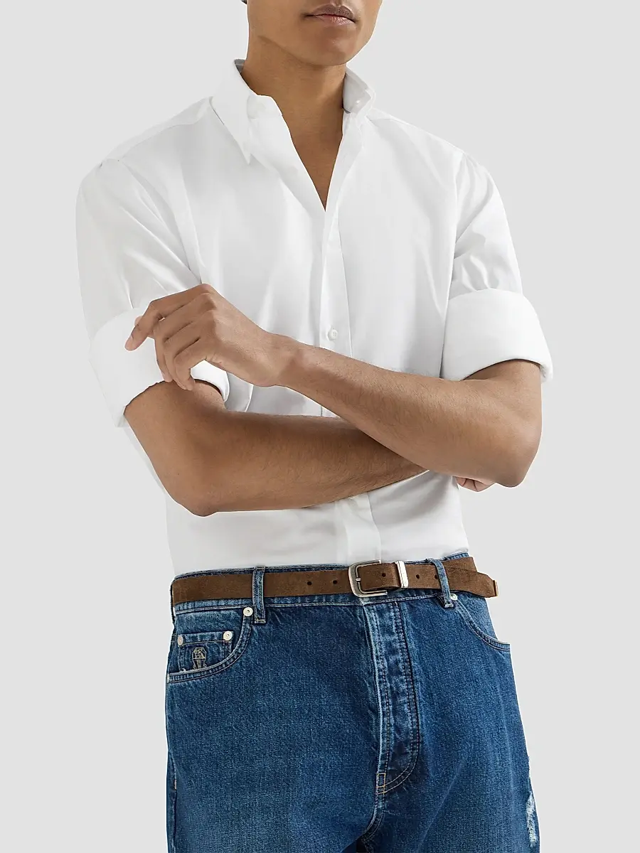 Brunello Cucinelli Men's Twill Shirt with Button-Down Collar - White | Thumbnail 4 Brunello Cucinelli Men's Twill Shirt with Button-Down Collar - White | Thumbnail 4