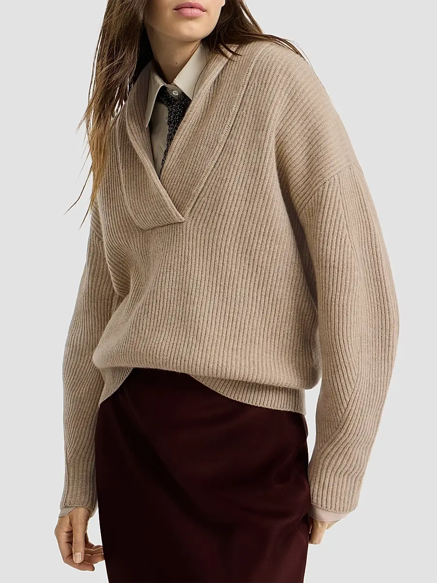 Brunello Cucinelli Women's Cashmere English Rib Sweater with Monili - Cashmere Beige | Thumbnail 5 Brunello Cucinelli Women's Cashmere English Rib Sweater with Monili - Cashmere Beige | Thumbnail 5