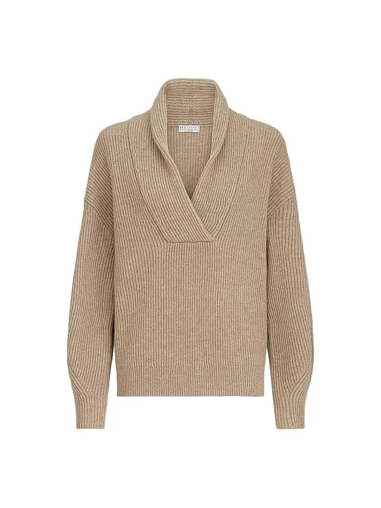 Brunello Cucinelli Women's Cashmere English Rib Sweater with Monili - Cashmere Beige