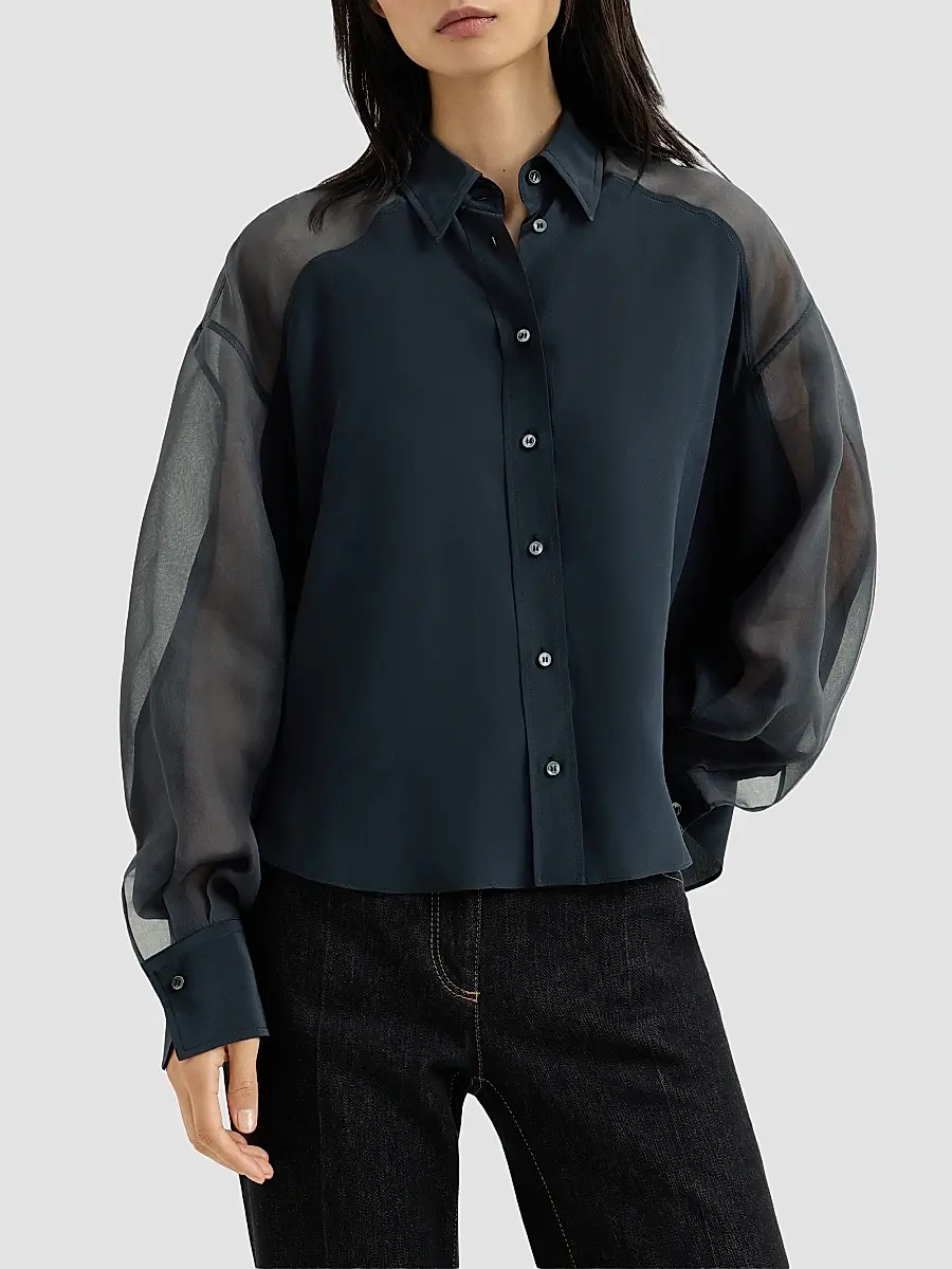 Brunello Cucinelli Women's Silk Crêpe De Chine Paneled Shirt with Monili - Blue | Thumbnail 2 Brunello Cucinelli Women's Silk Crêpe De Chine Paneled Shirt with Monili - Blue | Thumbnail 2