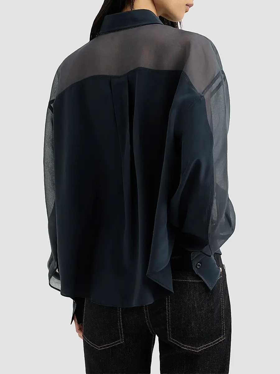 Brunello Cucinelli Women's Silk Crêpe De Chine Paneled Shirt with Monili - Blue | Thumbnail 3 Brunello Cucinelli Women's Silk Crêpe De Chine Paneled Shirt with Monili - Blue | Thumbnail 3