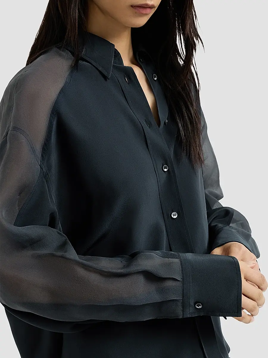Brunello Cucinelli Women's Silk Crêpe De Chine Paneled Shirt with Monili - Blue | Thumbnail 4 Brunello Cucinelli Women's Silk Crêpe De Chine Paneled Shirt with Monili - Blue | Thumbnail 4