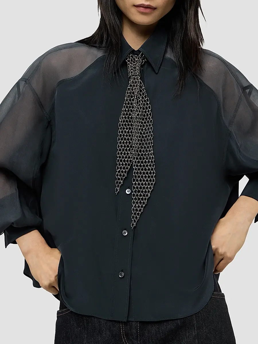 Brunello Cucinelli Women's Silk Crêpe De Chine Paneled Shirt with Monili - Blue | Thumbnail 5 Brunello Cucinelli Women's Silk Crêpe De Chine Paneled Shirt with Monili - Blue | Thumbnail 5