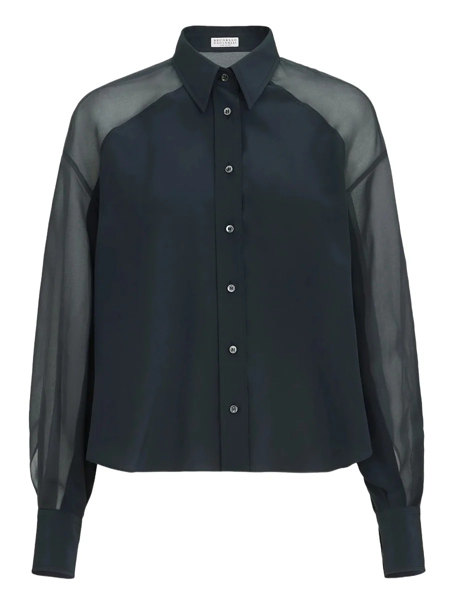 Brunello Cucinelli Women's Silk Crêpe De Chine Paneled Shirt with Monili - Blue