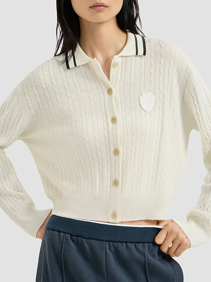 Brunello Cucinelli Women's Cashmere Cable Knit Polo Shirt with Logo - Milk | Thumbnail 2 Brunello Cucinelli Women's Cashmere Cable Knit Polo Shirt with Logo - Milk | Thumbnail 2