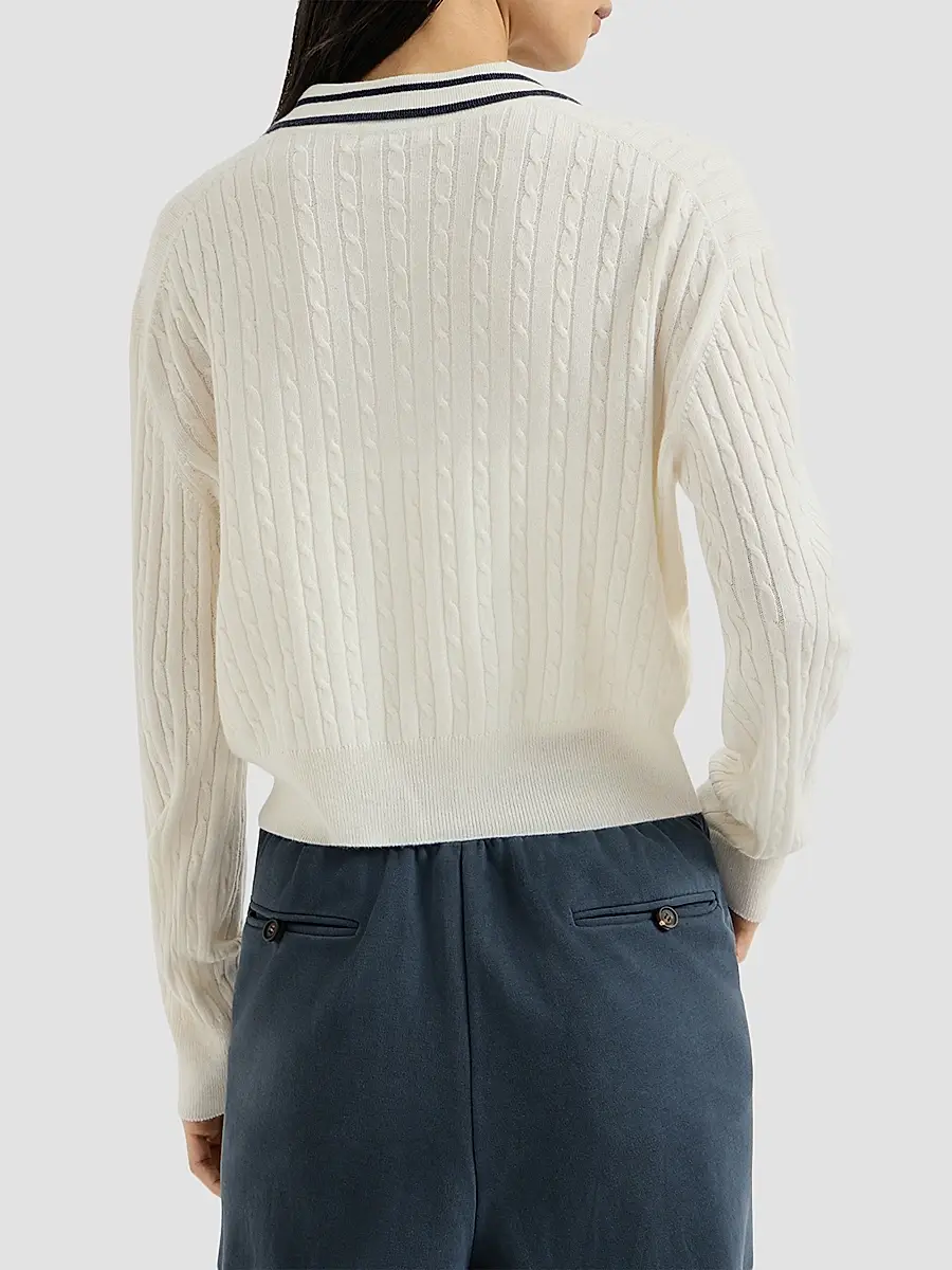 Brunello Cucinelli Women's Cashmere Cable Knit Polo Shirt with Logo - Milk | Thumbnail 3 Brunello Cucinelli Women's Cashmere Cable Knit Polo Shirt with Logo - Milk | Thumbnail 3