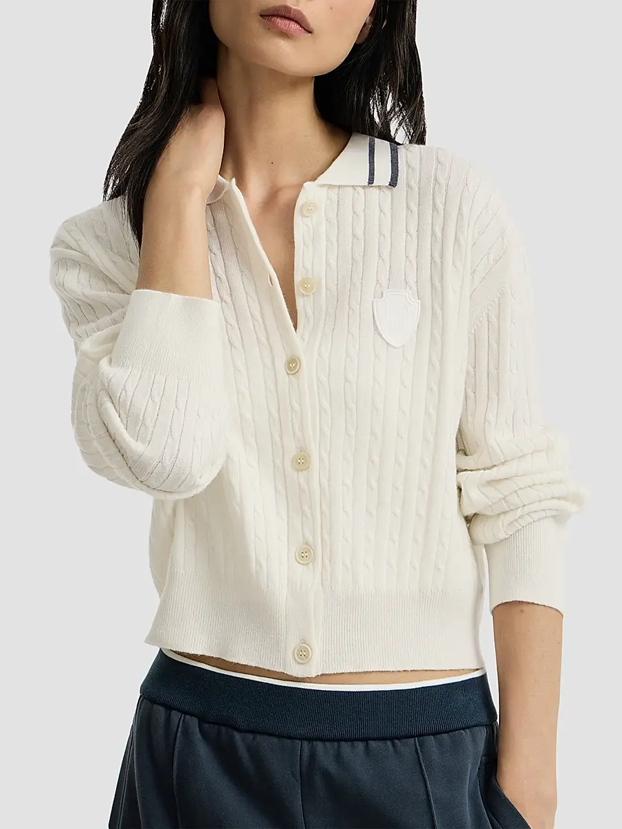 Brunello Cucinelli Women's Cashmere Cable Knit Polo Shirt with Logo - Milk | Thumbnail 4 Brunello Cucinelli Women's Cashmere Cable Knit Polo Shirt with Logo - Milk | Thumbnail 4