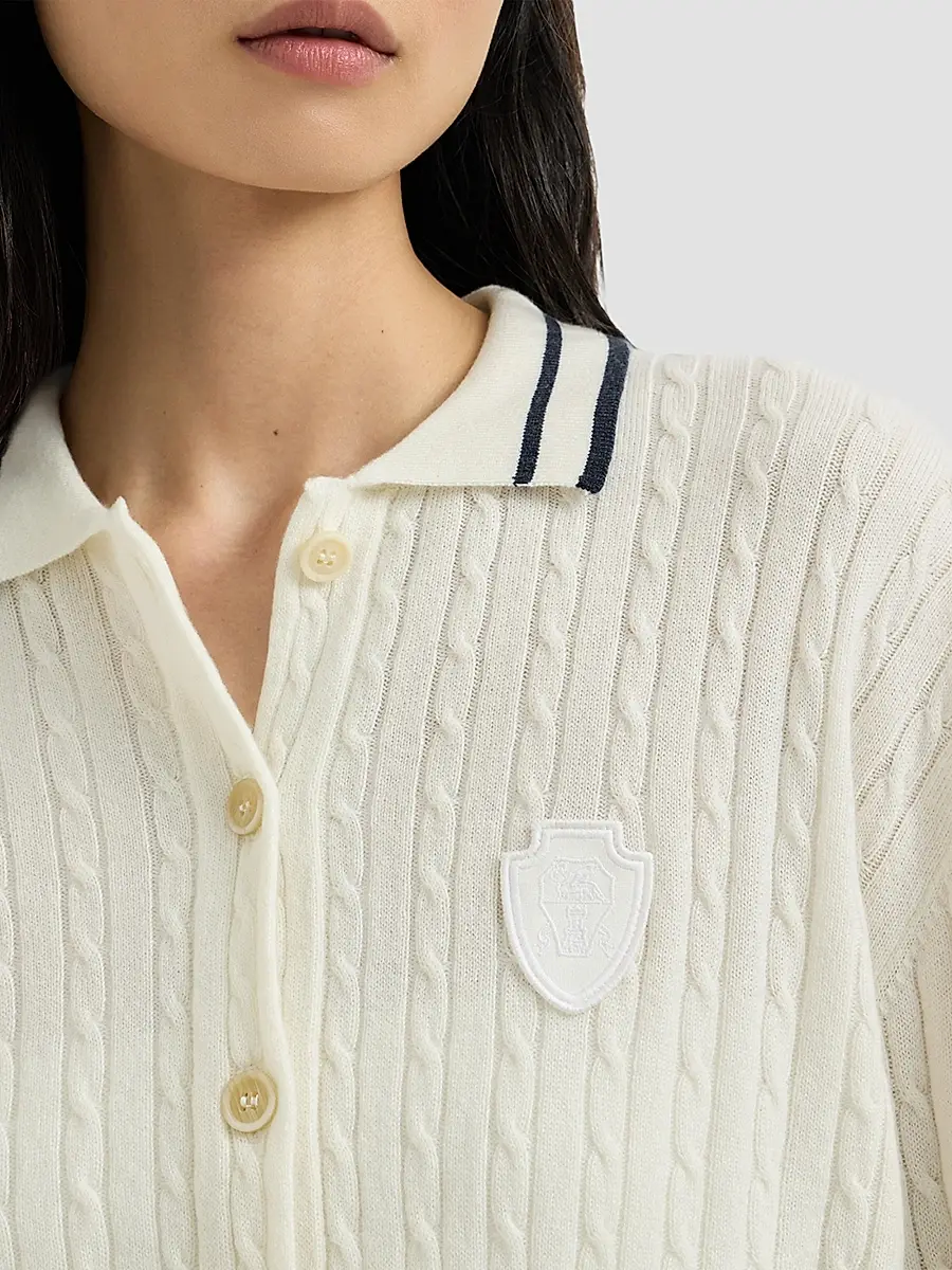 Brunello Cucinelli Women's Cashmere Cable Knit Polo Shirt with Logo - Milk | Thumbnail 5 Brunello Cucinelli Women's Cashmere Cable Knit Polo Shirt with Logo - Milk | Thumbnail 5