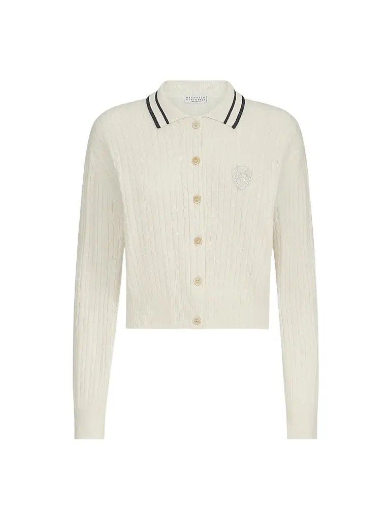 Brunello Cucinelli Women's Cashmere Cable Knit Polo Shirt with Logo - Milk