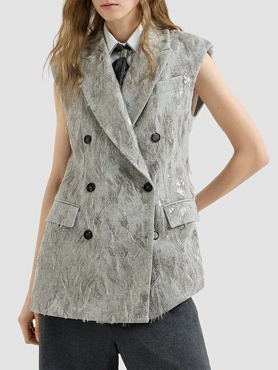Brunello Cucinelli Women's Virgin Wool and Cashmere Twill Flannel Vest with Dazzling Lynx Embroidery | Thumbnail 2 Brunello Cucinelli Women's Virgin Wool and Cashmere Twill Flannel Vest with Dazzling Lynx Embroidery | Thumbnail 2