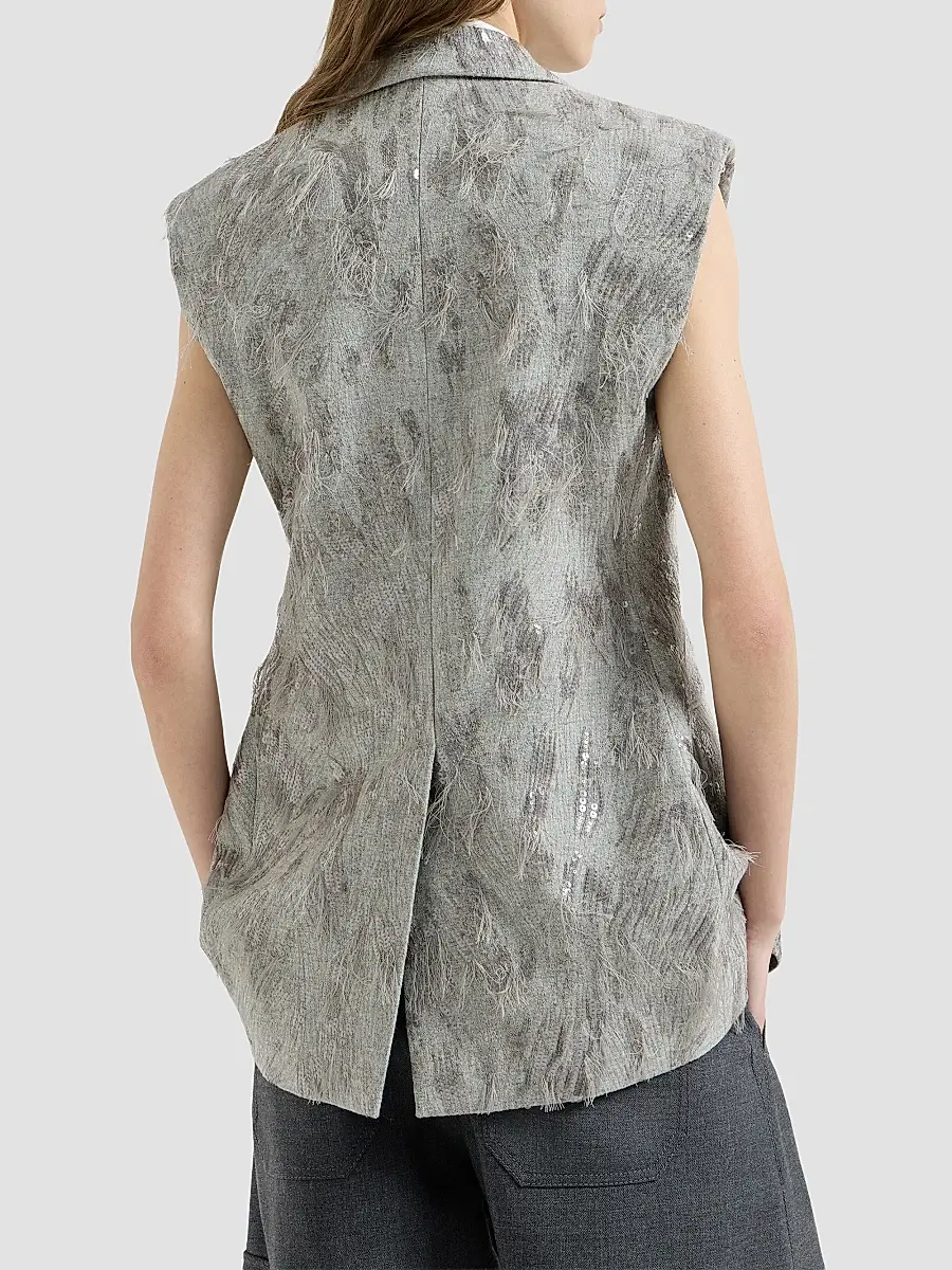 Brunello Cucinelli Women's Virgin Wool and Cashmere Twill Flannel Vest with Dazzling Lynx Embroidery | Thumbnail 3 Brunello Cucinelli Women's Virgin Wool and Cashmere Twill Flannel Vest with Dazzling Lynx Embroidery | Thumbnail 3