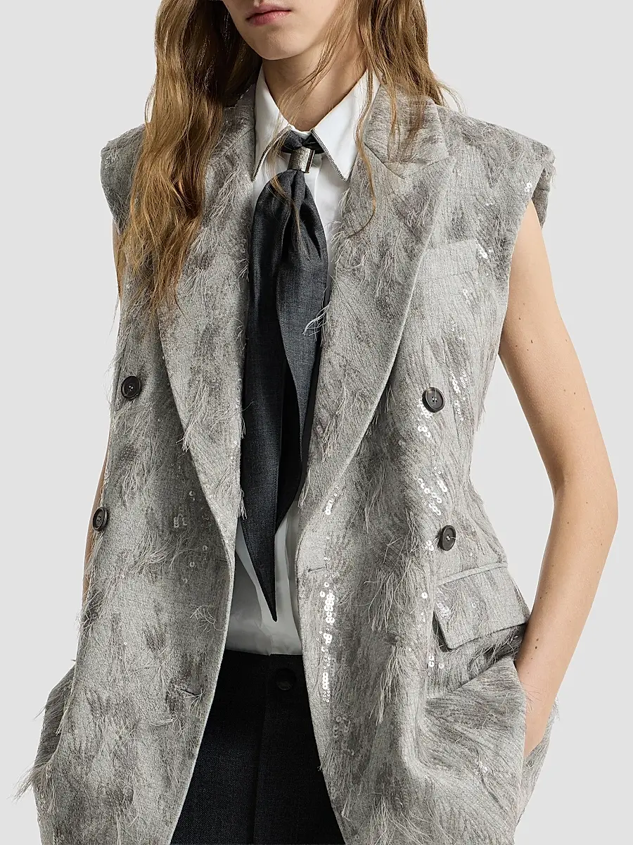 Brunello Cucinelli Women's Virgin Wool and Cashmere Twill Flannel Vest with Dazzling Lynx Embroidery | Thumbnail 4 Brunello Cucinelli Women's Virgin Wool and Cashmere Twill Flannel Vest with Dazzling Lynx Embroidery | Thumbnail 4