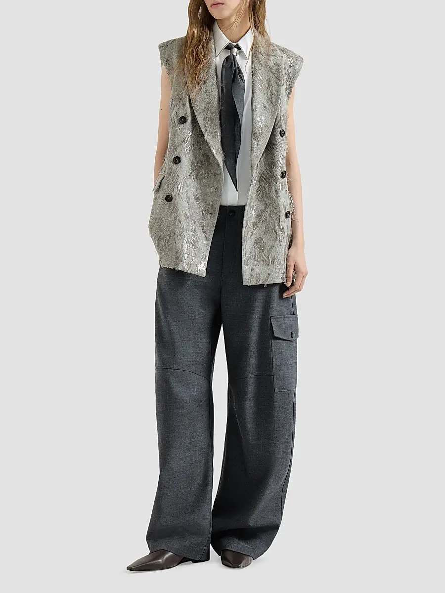 Brunello Cucinelli Women's Virgin Wool and Cashmere Twill Flannel Vest with Dazzling Lynx Embroidery | Thumbnail 6 Brunello Cucinelli Women's Virgin Wool and Cashmere Twill Flannel Vest with Dazzling Lynx Embroidery | Thumbnail 6
