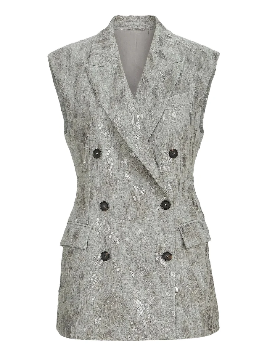 Brunello Cucinelli Women's Virgin Wool and Cashmere Twill Flannel Vest with Dazzling Lynx Embroidery