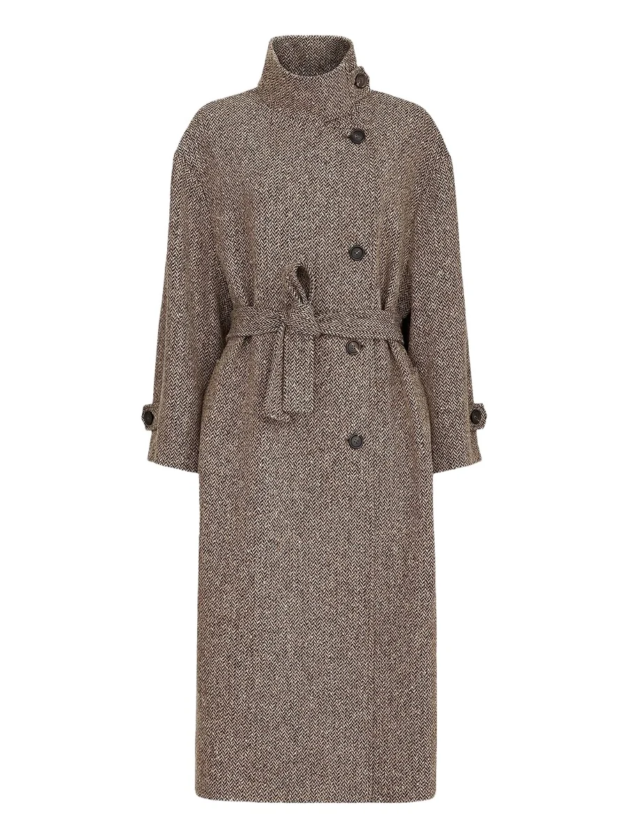 Brunello Cucinelli Women's Sparkling Virgin Wool Chevron Belted Coat